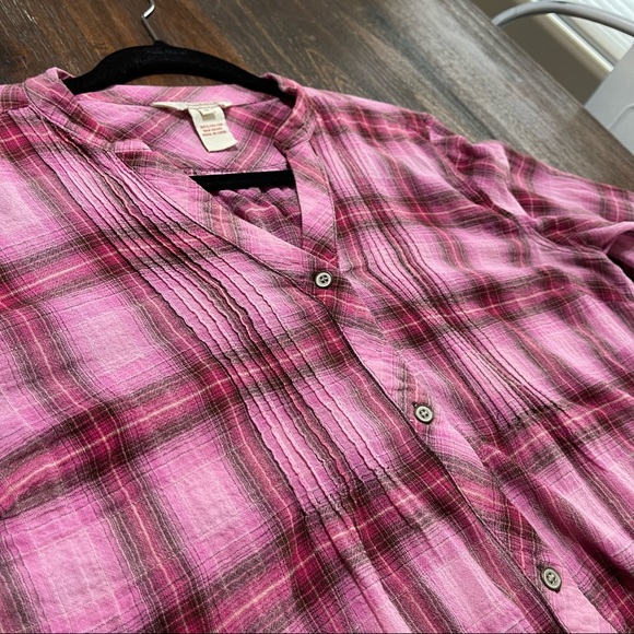 Sundance Pink plaid v neck button down pleated blouse S light dark pink brown - Picture 7 of 10